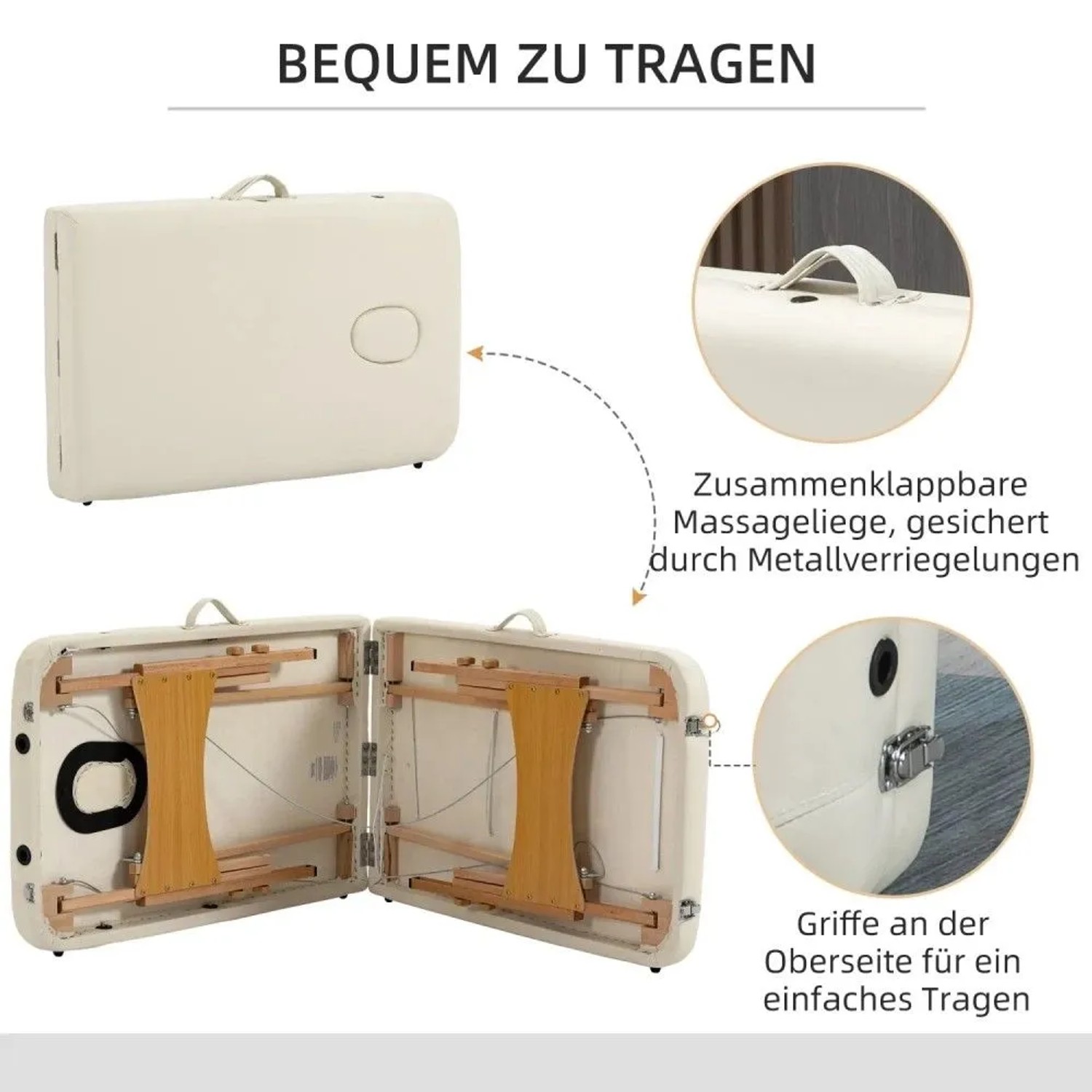 Faltbarer HOMCOM Massagetisch cremeweiß, mit Tragegriffen und Metallverriegelungen für einfachen Transport.