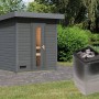 Karibu Saunahaus Arvi 1 Set mit Ofen (9 kW) in Terragrau. Inklusive Saunaofen mit Steinen.