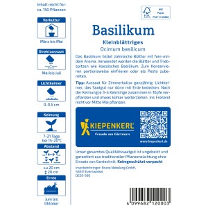 Kiepenkerl Basilikum Feinblättrig: Samenpackung mit Produktdetails und Logo.
