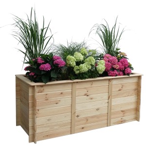 Holz-Hochbeet (200x80x86 cm) bepflanzt mit Hortensien und Ziergräsern.