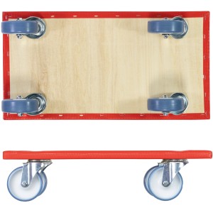 Wagner Transporthilfe mit rotem Rand, Holzplatte und vier Rollen für Lasten bis 400 kg.