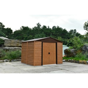 Pergart Gerätehaus Frankfurt II in Holzoptik, 321x366x220 cm, mit Doppeltür. Ideal zur Aufbewahrung im Garten.