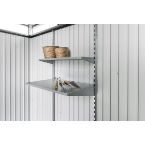 Biohort Regale-Set mit 2 Böden im Gartenhaus, ideal zur Aufbewahrung von Gartenzubehör.