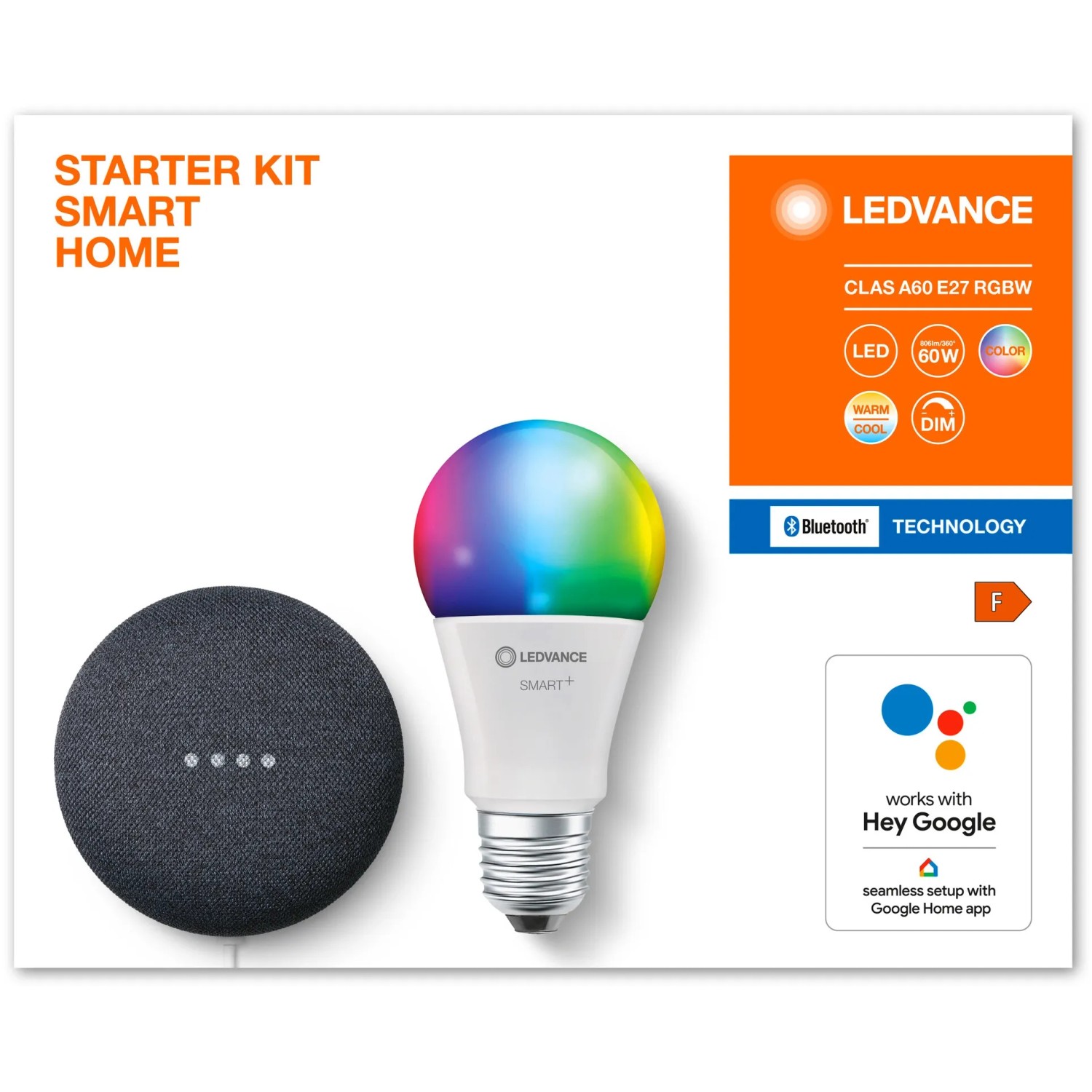Ledvance Smart Home Set mit Google Nest Mini und farbiger LED Lampe.