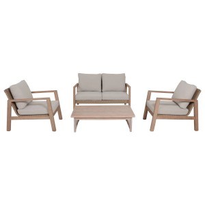 4-teiliges Lounge-Set San Mateo von Garden Pleasure mit braunem Kunststoffgeflecht und beigen Kissen.