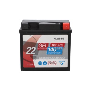 Cartec GEL Motorradbatterie YTX5L-BS, 5Ah, 140A, wartungsfrei und auslaufsicher.