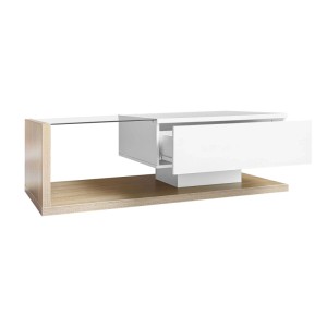 Moderner Couchtisch weiß/holzfarben, Glasplatte, LED-Effekt, ausziehbarer Schublade, 105x55cm.
