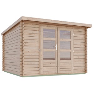 Karibu Gartenhaus Dortmund Solo aus Holz mit Doppeltür und Pultdach.