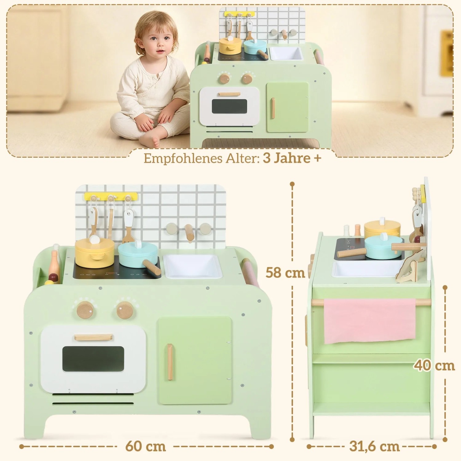 Grüne AIYAPLAY Kinderküche aus MDF mit Spüle, Herd, Ofen und Zubehör. Maße: 60x31,6x58 cm. Ideal für Rollenspiele.