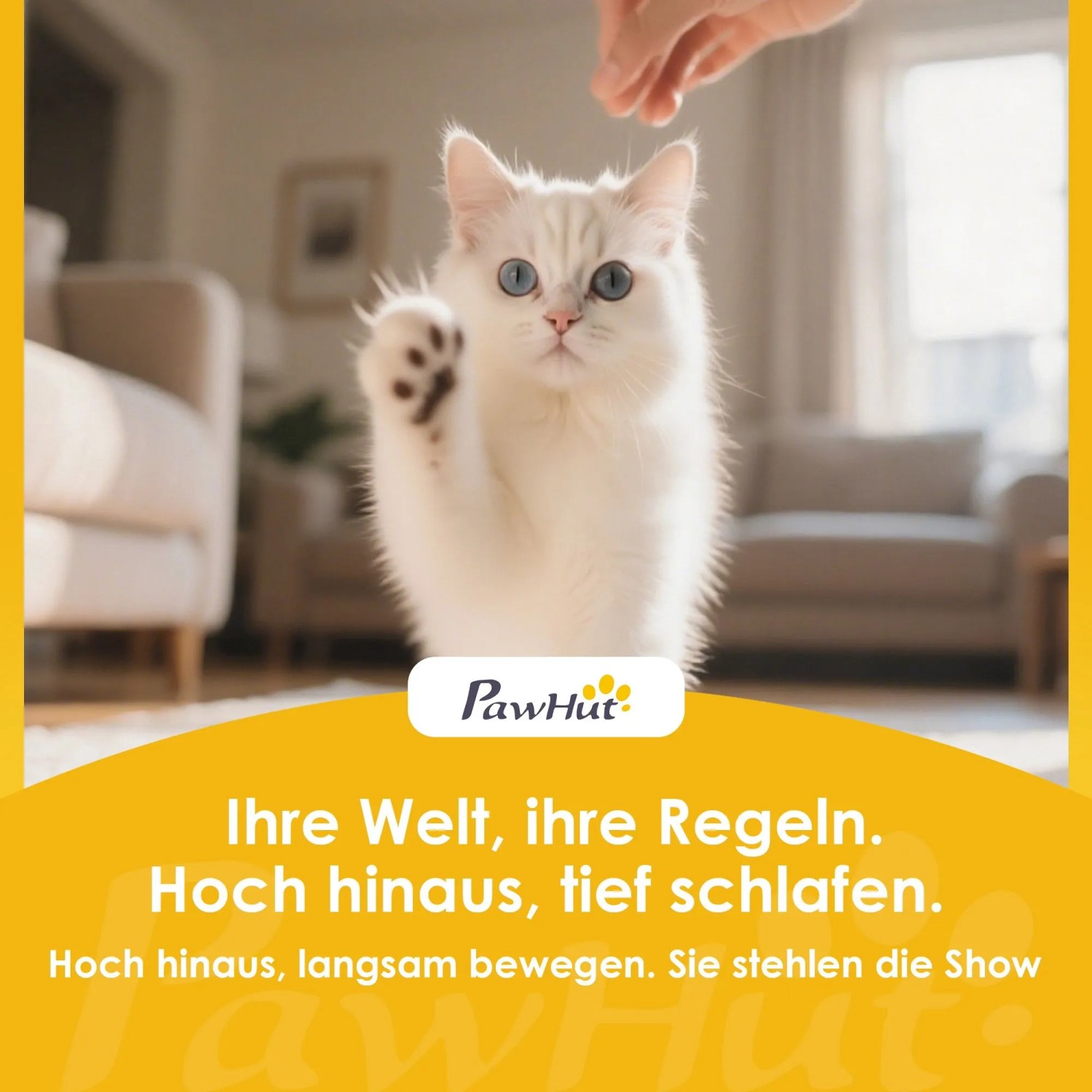 Weiße Katze mit blauen Augen spielt aktiv, streckt Pfote nach oben. PawHut Kratzbaum für Spiel und Komfort.
