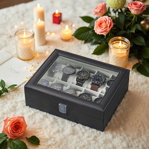 Schwarze Songmics Uhrenbox Bridie mit 10 Fächern und Glasdeckel zur Aufbewahrung von Uhren.