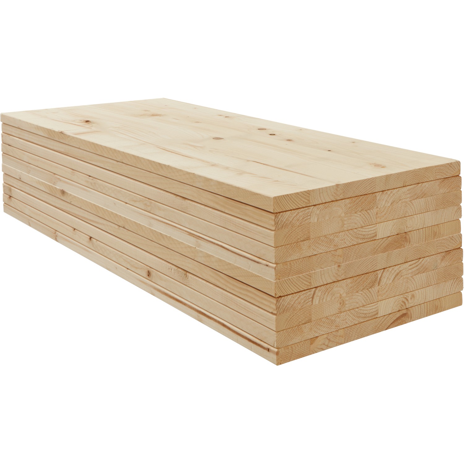 Stapel unbehandelter Fichte Leimholzplatten 100x30x1,8 cm für Regalböden und Möbelbau.