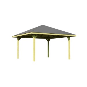 Weka Holz-Pavillon Paradies, 357x357 cm, imprägniert. Gartenlaube mit grauem Dach und hellen Holzpfosten.