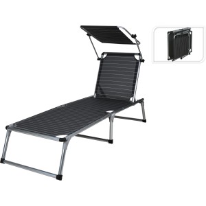 Graue Sonnenliege mit Sonnendach, 195x59x30 cm, zusammenklappbar für einfachen Transport.