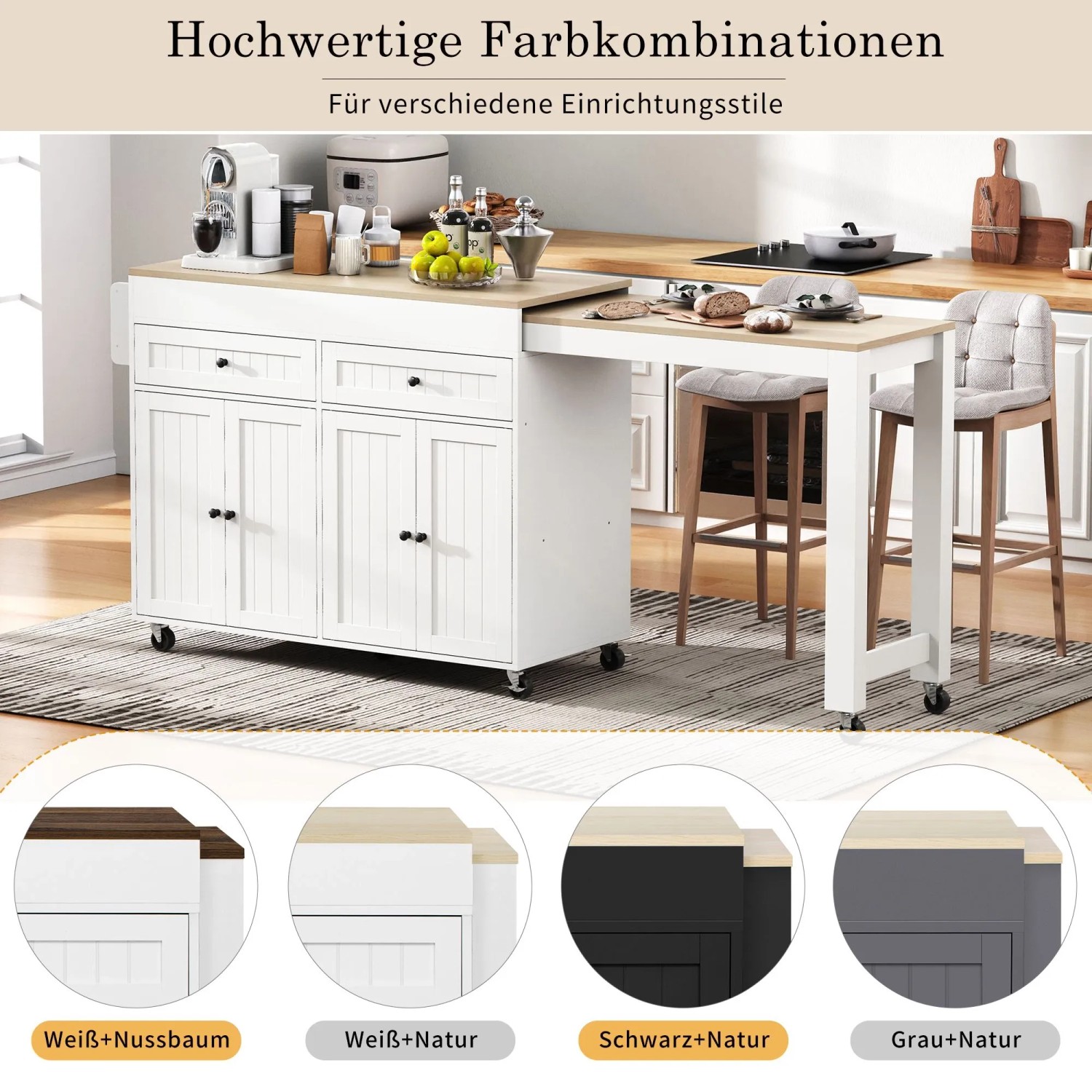 okwish Kücheninsel mit Ausziehfunktion Rollen Schubladen 112-180.5x45x92.2cm Weiß Natur_7