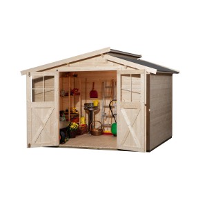 Unbehandeltes Weka Holz-Gartenhaus 323 mit versetztem Satteldach und geöffneten Doppeltüren.