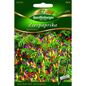 Quedlinburger Zierpaprika Zipfelmütze Samen mit bunten, kleinen Paprika für Beet, Balkon und Terrasse.