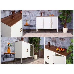 Weiße Kommode MCW L84-3 mit drei Türen und Holzplatte, ideal für Wohn- und Esszimmer.