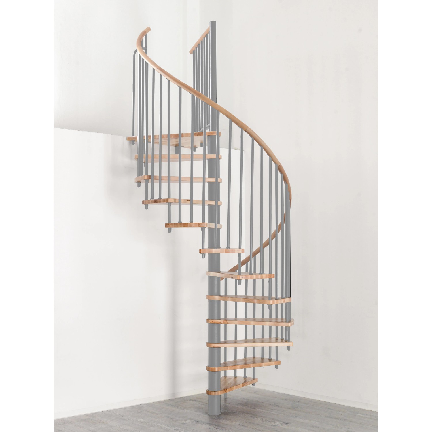 Graue Minka Spindeltreppe Spiral Wood Buche, Durchmesser 140 cm, für Geschosshöhen bis 305,5 cm.