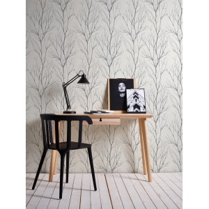A.S. Création Vliestapete Blooming Zweige Grau Metallic im Raum mit Schreibtisch und Stuhl.