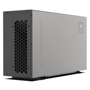 Steinbach Wärmepumpe Silent 5 kW, graue Pool-Wärmepumpe mit Display und Lüftungsgitter.