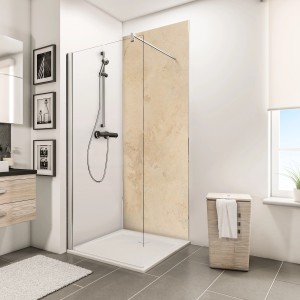 Schulte Duschrückwand Decodesign Stein Kalkstein hell, 210x100cm im Badezimmer.