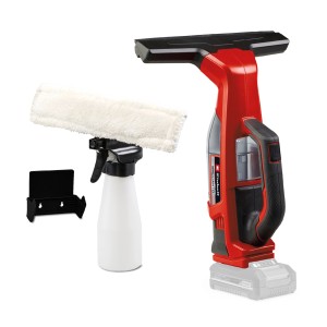 Einhell Akku-Fensterreiniger Brillianto mit Sprühflasche, Mikrofaserbezug und Wandhalterung.