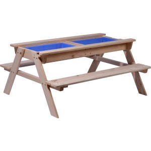 Kinderspieltisch aus Holz mit blauen Matschboxen, ideal für Spiel & Spaß im Garten.
