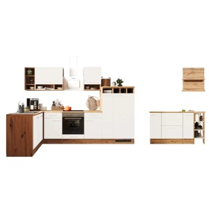 Respekta Winkelküche Hilde 310x172 cm in Weiß mit Kücheninsel und Elektrogeräten.