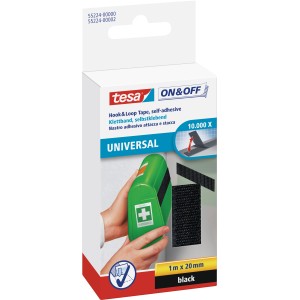 Tesa® On & Off Klettband Universal, 1 m x 20 mm, schwarz, auf der Verpackung.