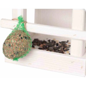 Siena Garden Vogelhaus aus Kiefernholz, weiß und silber, mit Meisenknödel und Futter.