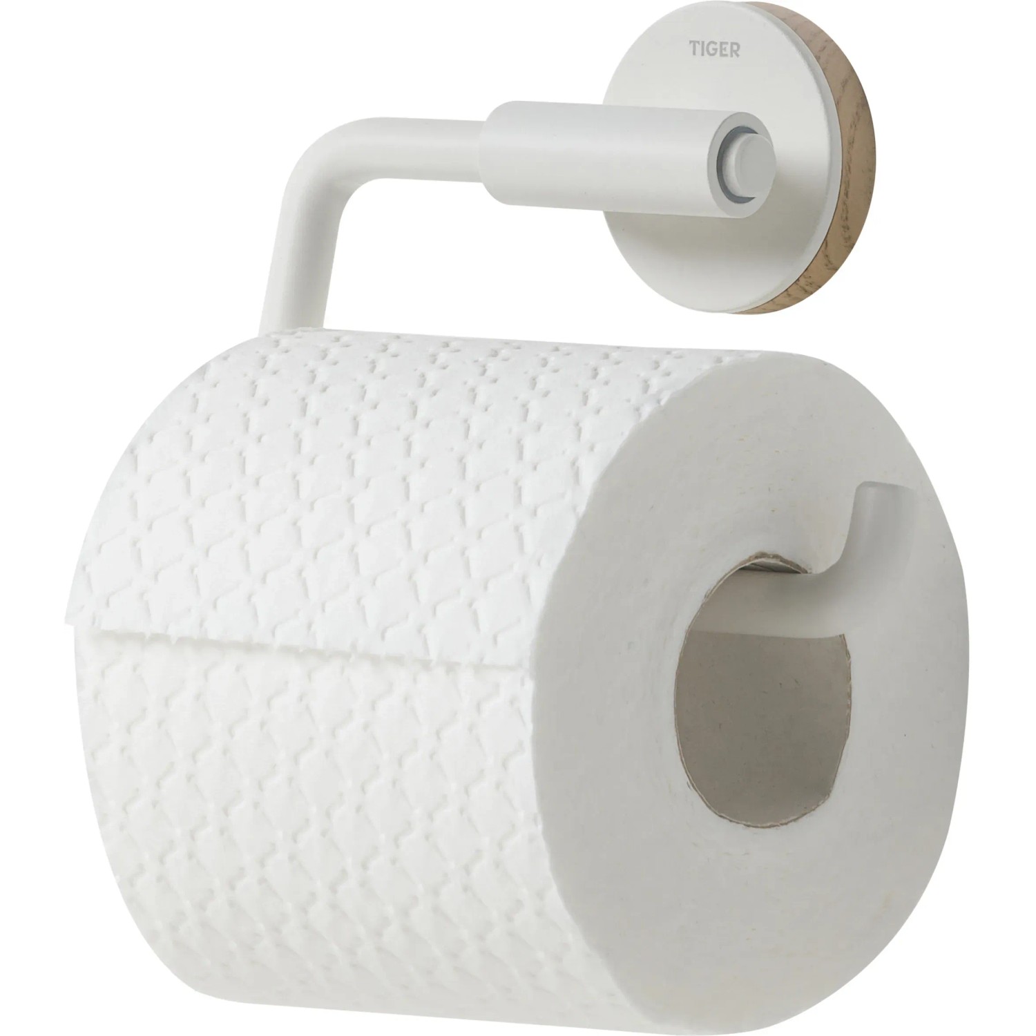 Tiger Toilettenpapierhalter Urban Weiß ohne Deckel mit Holz-Akzent.