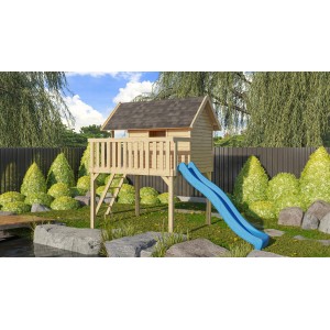 Karibu Stelzenhaus Fidel Set mit blauer Wellenrutsche und Leiter im Garten.