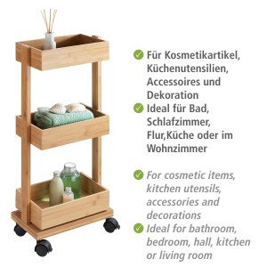 WENKO Regal Tortona aus Bambus mit 3 Ablagen und Rollen.
