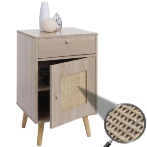 Beistelltisch MCW M36 mit Schublade, Tür mit Rattan-Einsatz und Holzfüßen.