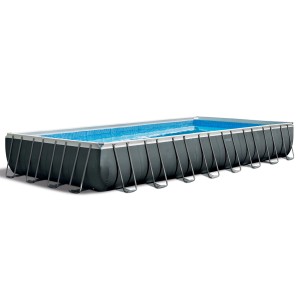 Intex Frame Pool-Set Ultra Quadra XTR, 975x488x132 cm, grauer Stahlrahmenpool mit blauem Wasser.