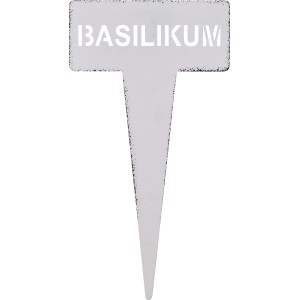 Weißer Kräuterstecker Basilikum aus Metall, 15 cm hoch, zur Kennzeichnung von Kräutertöpfen.