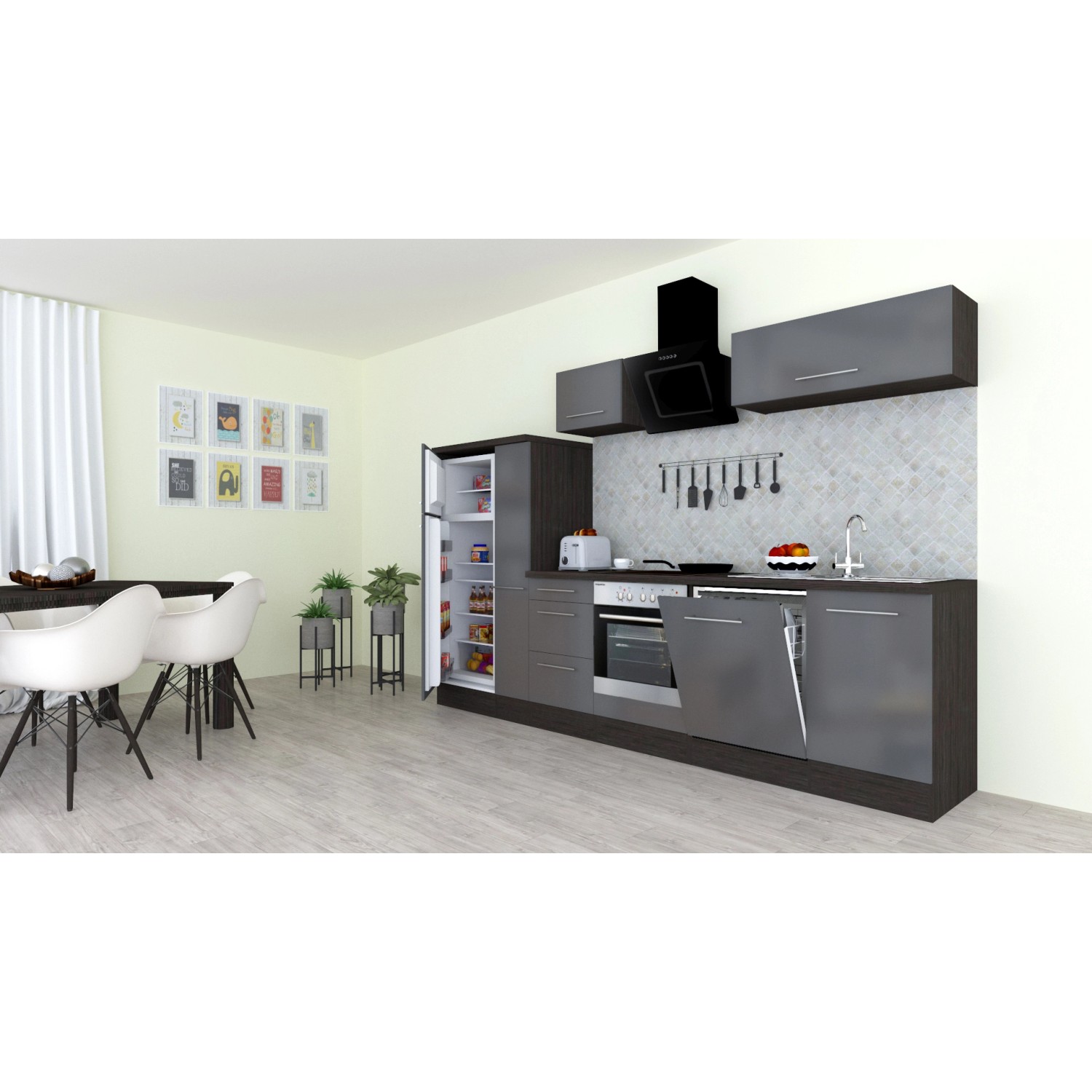 Respekta Premium Küchenzeile 310 cm in Grau Hochglanz und Eiche Grau mit E-Geräten.