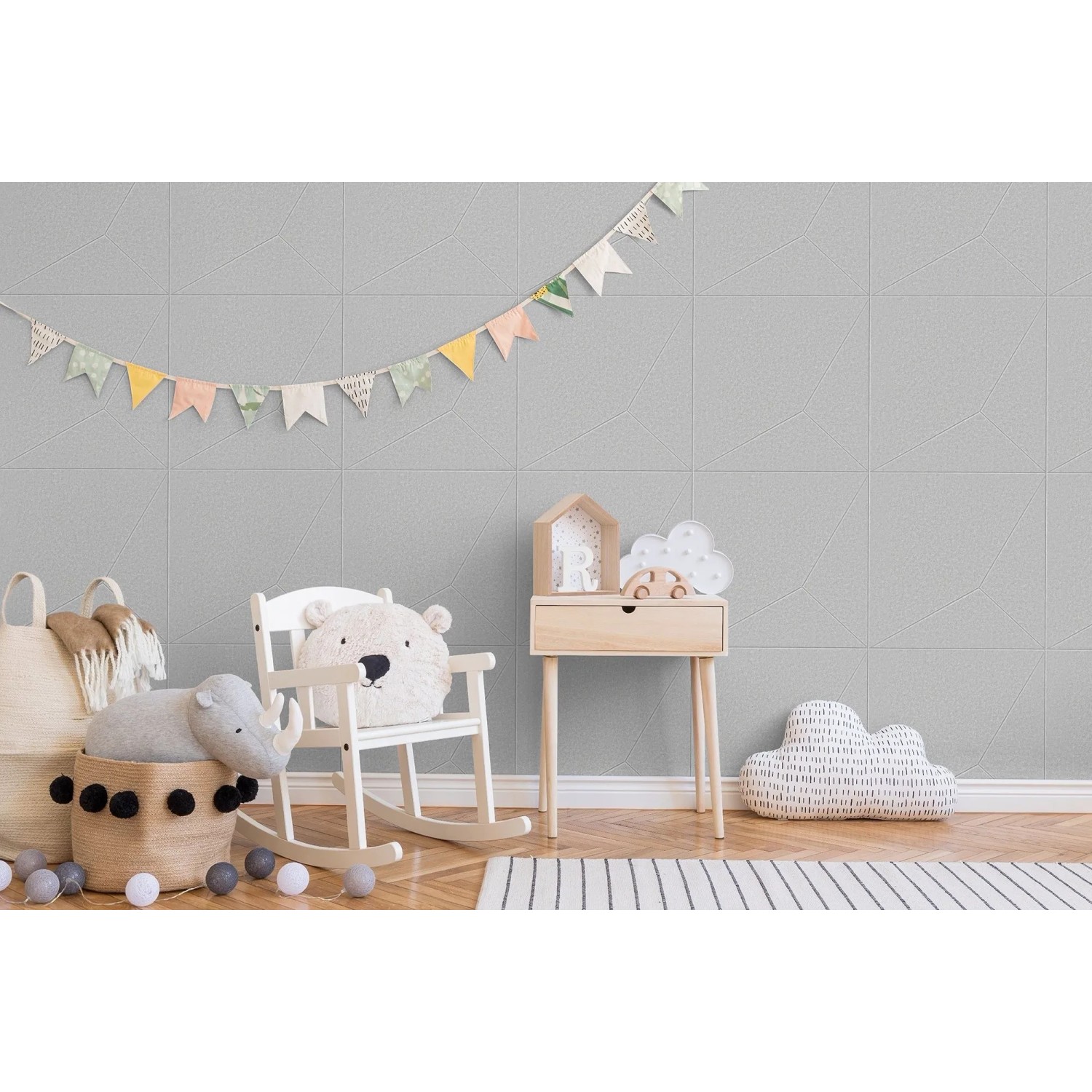 Jangal Wandpaneel Modular Wall Geometric Cashmere in hellem Kinderzimmer. Strukturierte Dekor-Paneele für moderne Wandgestaltung.