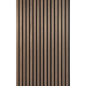 Akustikpaneel in Walnuss-Optik mit schwarzem Akustikfilz für Wand und Decke.