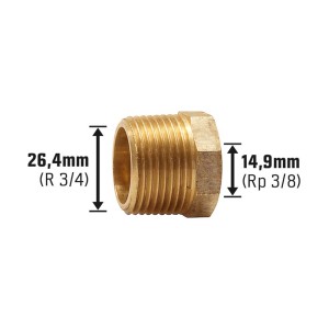 Gewinde-Reduzierstück aus Rotguss, 14,9 mm (Rp 3/8) x 26,4 mm (R 3/4) für Gewindefittings.
