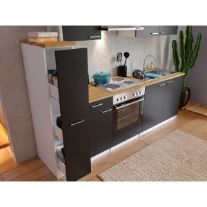 Respekta Küchenzeile KB240WS, 240 cm, Schwarz-Weiß mit Apothekerschrank und E-Geräten.