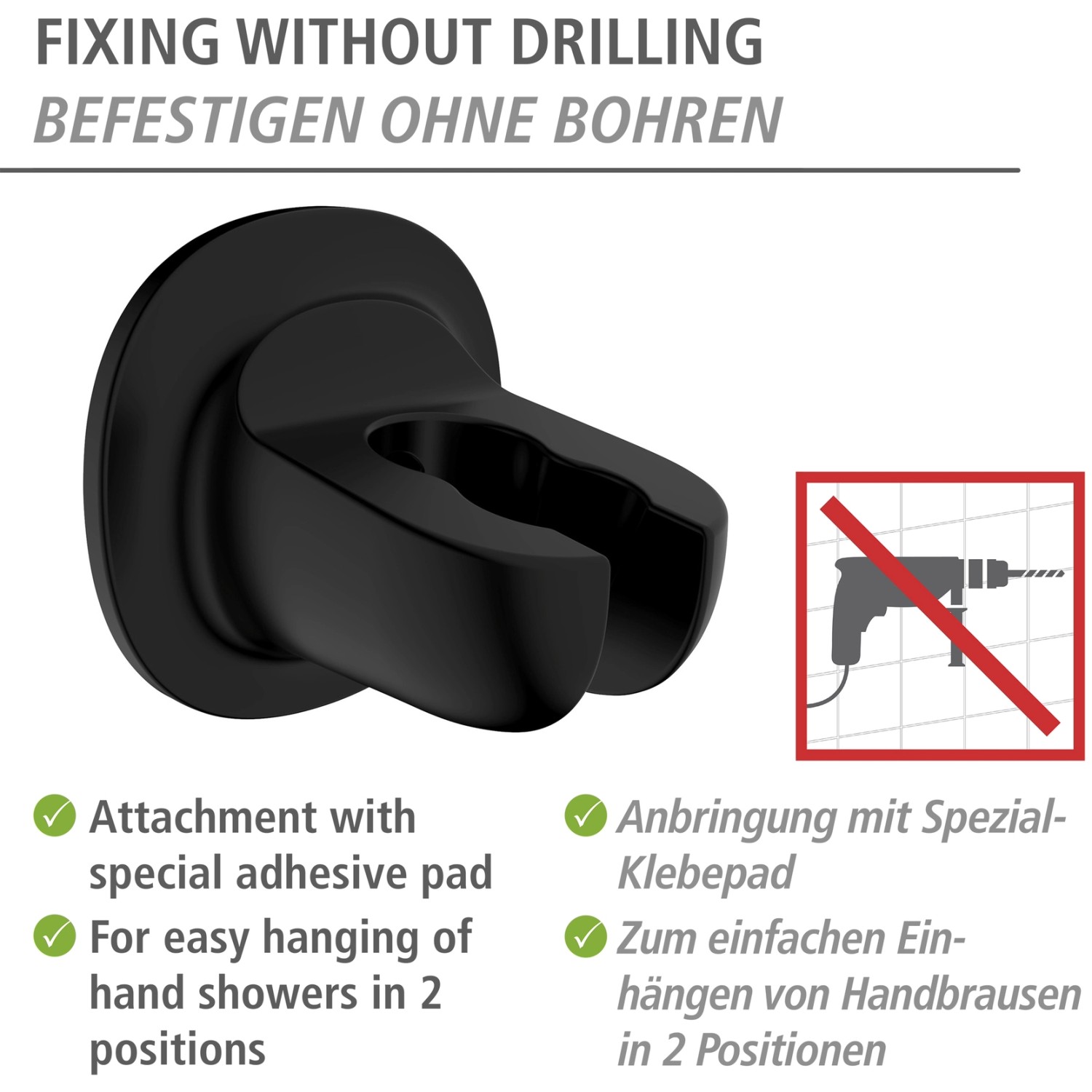 Wenko Duschkopfhalter Libertà Schwarz zur Wandmontage ohne Bohren.