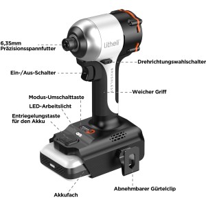 Litheli Akku-Schlagschrauber mit 2 Ah Akku, ideal für Schraubarbeiten. Kompaktes Design mit LED-Licht.