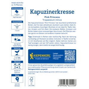 Kiepenkerl Kapuzinerkresse Pink Prinzess Samenpackung mit pinkfarbenen Blüten. Blumensamen für farbenfrohe Gärten.