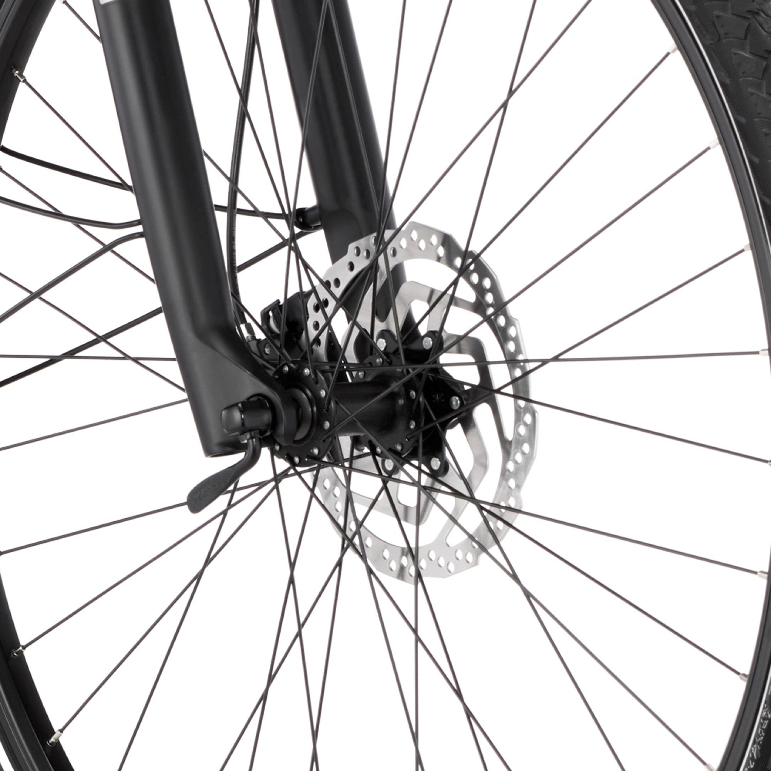 Detailaufnahme Vorderrad mit Scheibenbremse des Fischer E-Bike Viator 6.0i.