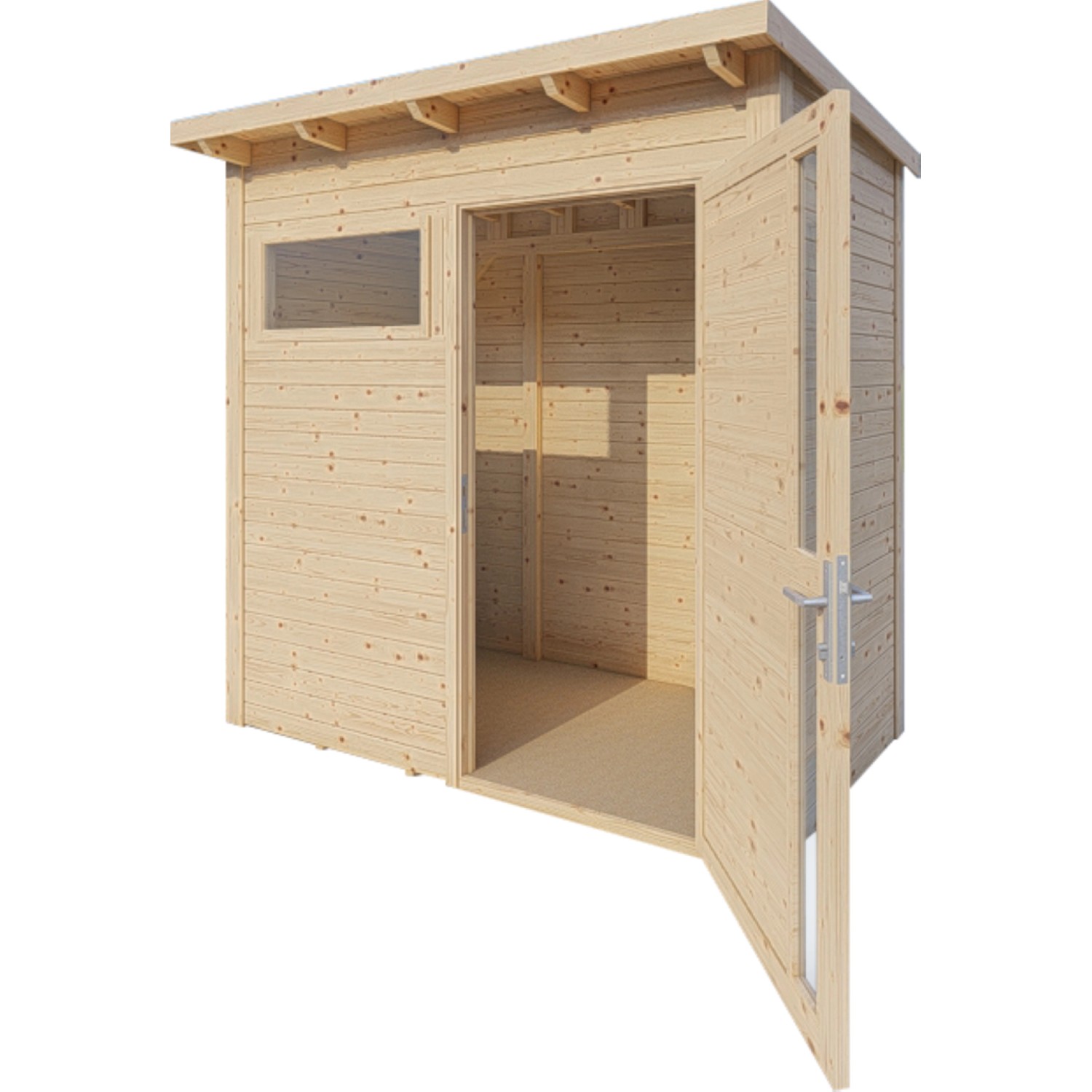 Bertilo Gartenhaus Pentus 1 aus Naturholz mit Fenster und geöffneter Doppeltür.