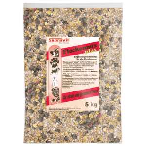 Supravit Flockenmix Plus Hunde-Trockenfutter in transparentem 5 kg Beutel mit bunten Flocken und Pellets.