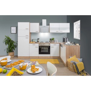 Respekta Winkelküche KBL280ESWS in Weiß und Eiche Sonoma Sägerau Nachbildung mit E-Geräten.