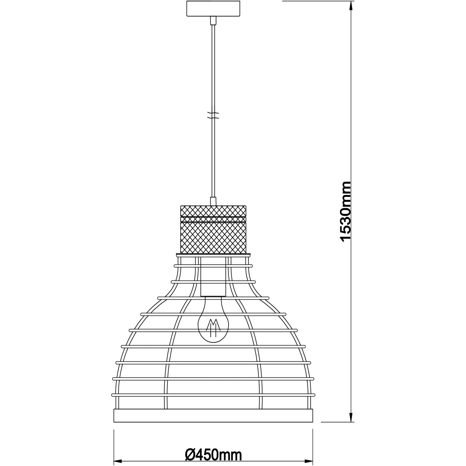 Skizze der schwarzen Brilliant Pendelleuchte Avia (Ø 47cm) mit Holzelementen und Maßangaben.